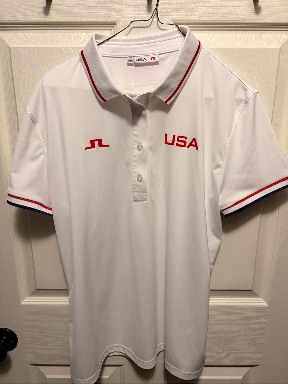 J.Lindeberg White Polo with Red USA Logo and Red/Blue Trim